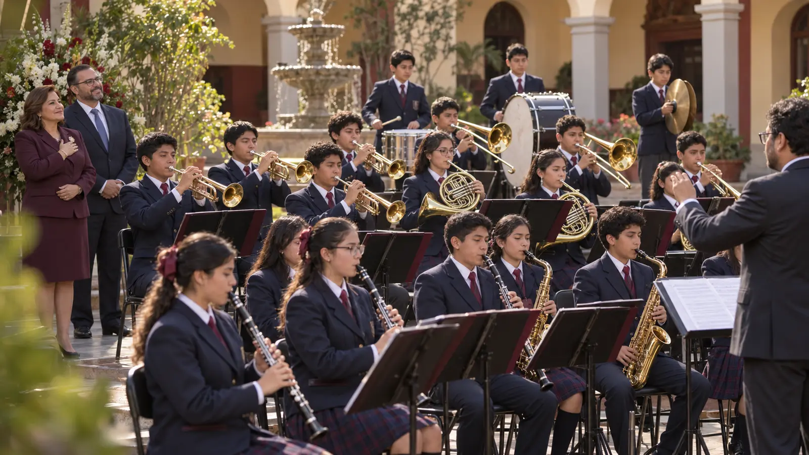 Banda escolar interpretando un himno ante sus autoridades